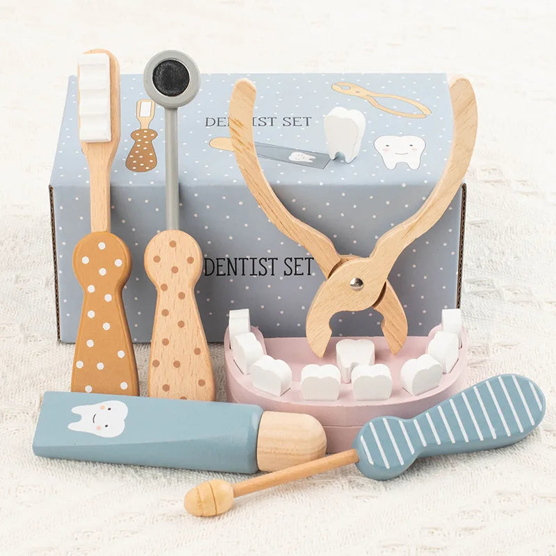 Kids Wooden Pretend Play Doctor Educational Toy Role Playing Games Simulation Dentist Check Brush Teeth Medicine Set Gifts