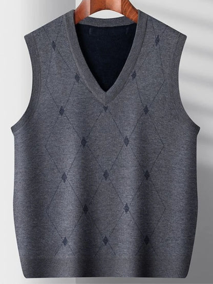 Middle Aged Men's Argyle Knitted Fleece Lined Vest Autumn Winter Thickened Korean Style Casual Waistcoat High Quality