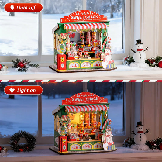 Rolife DIY Miniature House Kit Christmas Candy Stand Dollhouse Model Building Kit Wooden 3D Puzzle Toy Christmas Gift for Adults