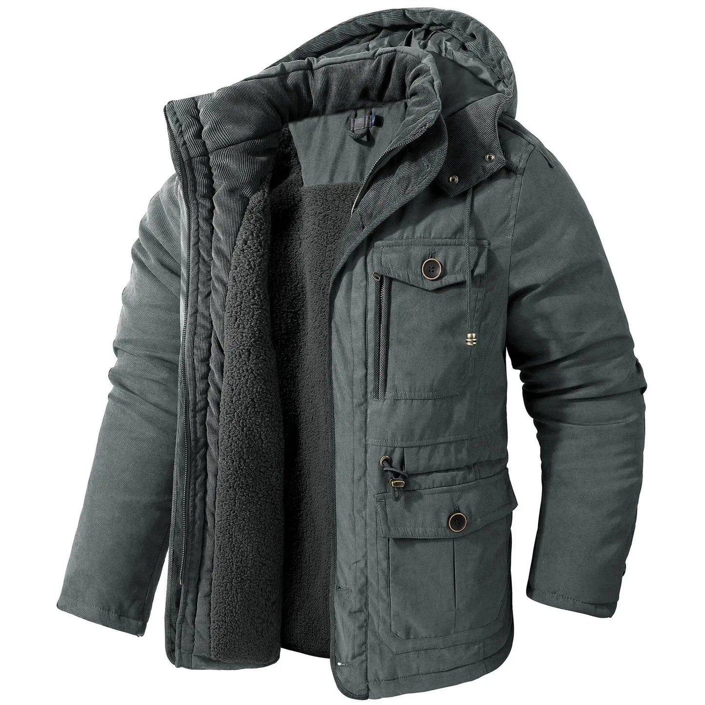 2025 Winter Men's American Fashion Versatile Hooded Cotton Jacket Thickened Multi Pocket Casual Simple Medium Length Top Coats