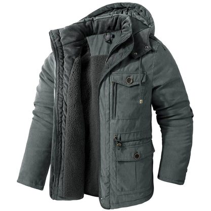 2025 Winter Men's American Fashion Versatile Hooded Cotton Jacket Thickened Multi Pocket Casual Simple Medium Length Top Coats