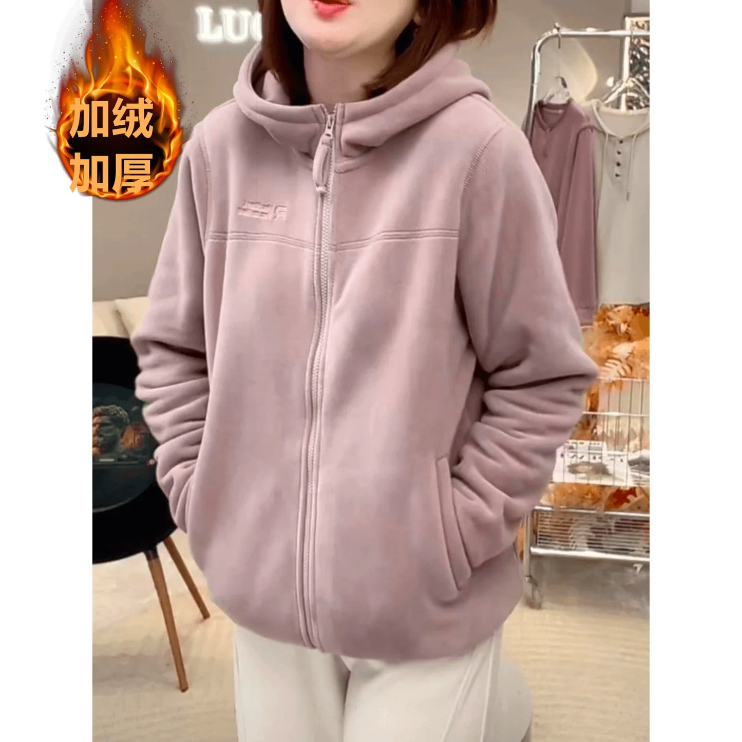 Autumn Winter Thickened Fleece Hoodie Jacket Women's Casual Slimming Versatile Long Sleeve Zipper Closure  Color Sweatshirt