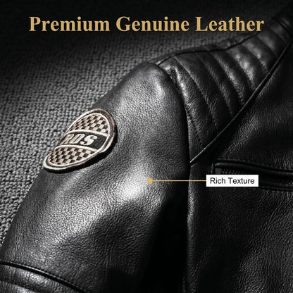 Genuine Cowhide Leather Biker Jacket Men's Slim Fit Short Motorcycle Coat Embroidery
