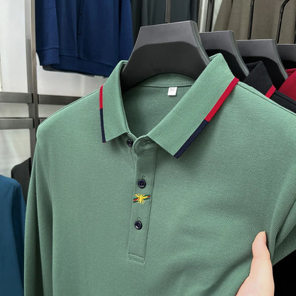 High End Brand Men's Embroidered Long Sleeve 100% Cotton Polo Shirt Business Casual Lapel Fashion Solid Color T-shirt Men's Wear