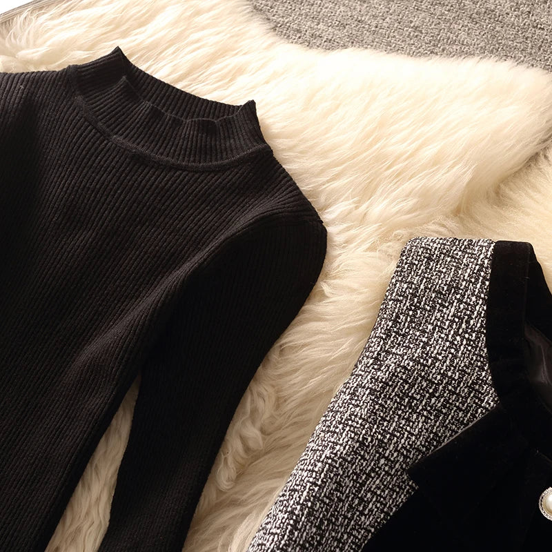 Spring Autumn Winter Tweed Color Block Vest Skirt Set  Knot Elegant Fashionable Two Piece Set Women's Luxury Style