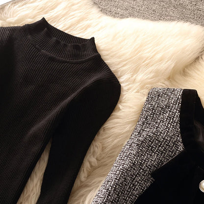 Spring Autumn Winter Tweed Color Block Vest Skirt Set  Knot Elegant Fashionable Two Piece Set Women's Luxury Style
