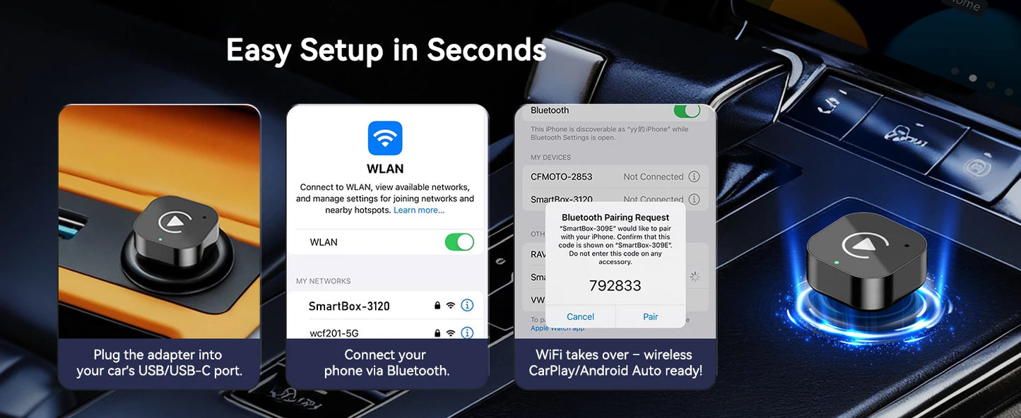 2 in 1 carplay Dongle（Type-C）,Wireless CarPlay Apapter USB C / Android Auto USB C For Converts Wired to Wireless Plug & Play