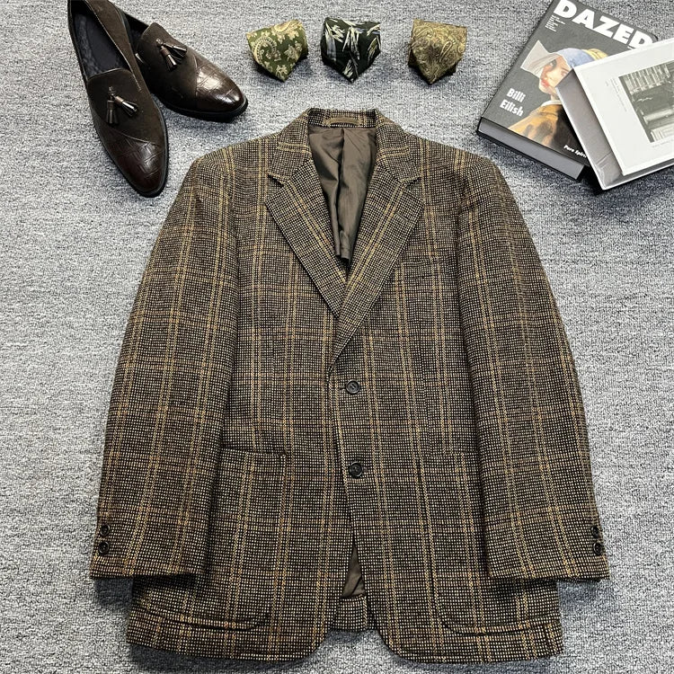 Vintage Unisex Woolen Suit Jacket Simple Casual Plaid Retro Style Warm Windproof Interview Commuting Business Casual Wear