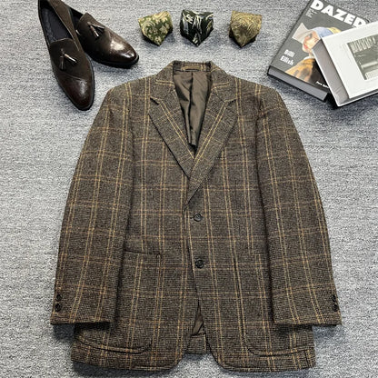 Vintage Unisex Woolen Suit Jacket Simple Casual Plaid Retro Style Warm Windproof Interview Commuting Business Casual Wear