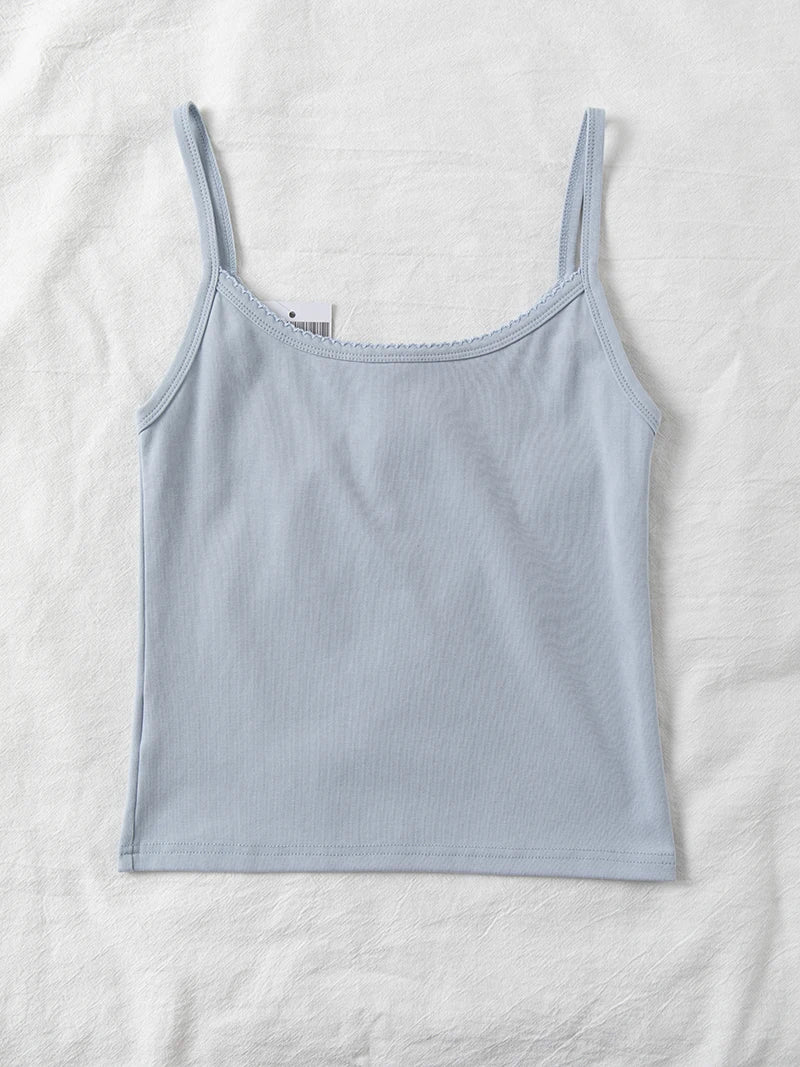 Lace Trim Buttons Solid Tank Top Women U Collar Sleeveless Cotton Slim Camis Sweet Chic Casual Preppy Style Vest Crop Tops Y2k
