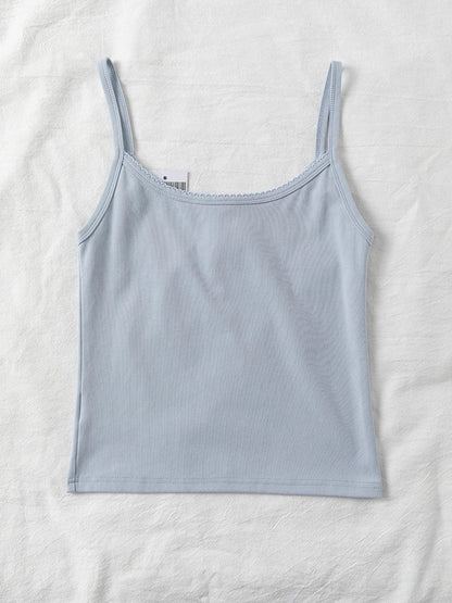 Lace Trim Buttons Solid Tank Top Women U Collar Sleeveless Cotton Slim Camis Sweet Chic Casual Preppy Style Vest Crop Tops Y2k