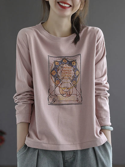 Retro Star Moon Pure Cotton Long Sleeve Pink Anti-Aging T-Shirt Women Loose Fashionable Spring Autumn Ladies Base Shirt Top