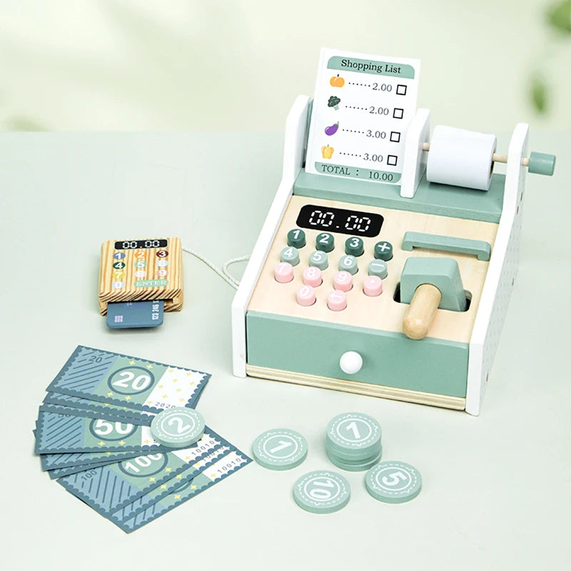 Wooden Simulated Cash Register Pretend Play Toy with Toy Coins and Bills Children Shopping Play House Game for Kids 3 Years Gift