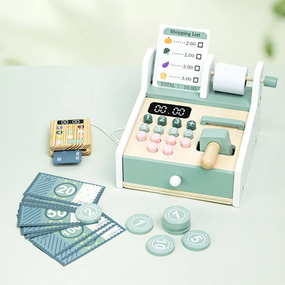 Wooden Simulated Cash Register Pretend Play Toy with Toy Coins and Bills Children Shopping Play House Game for Kids 3 Years Gift