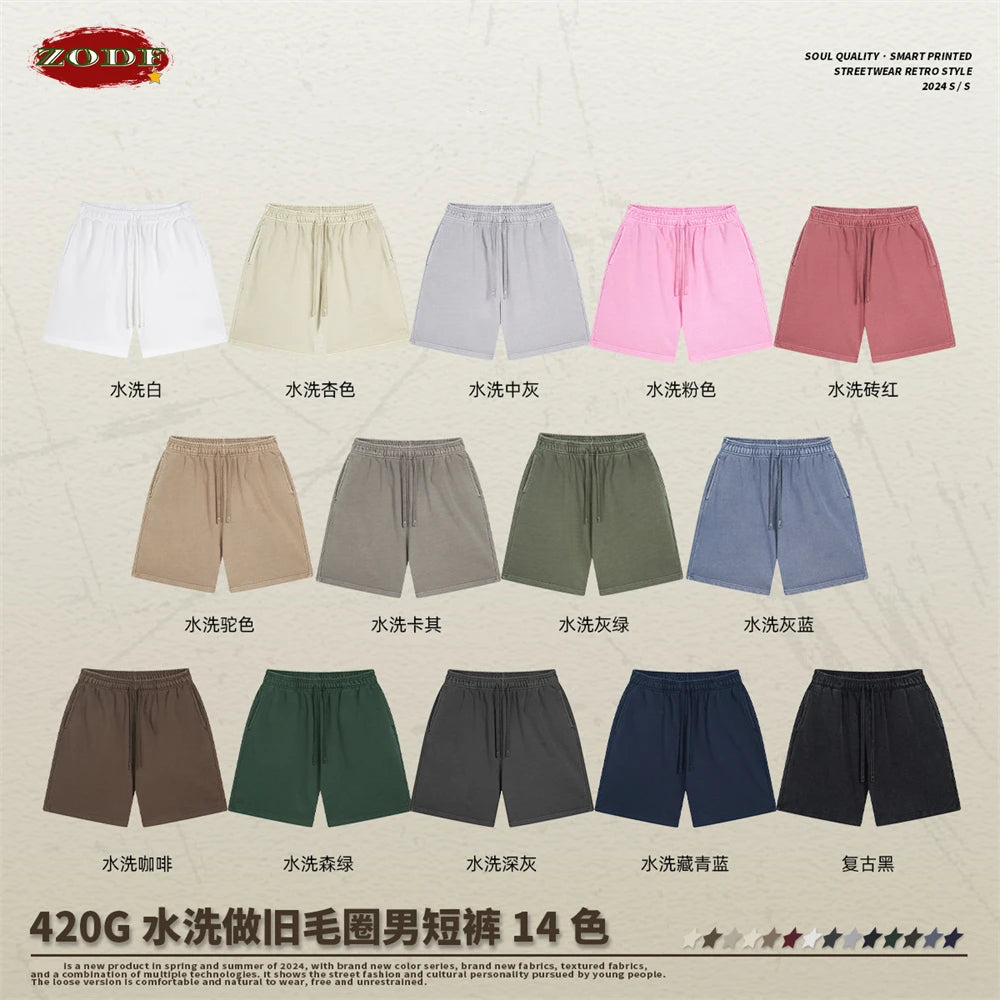 ZODF Fashion Summer Men 420gsm Washed Cotton Shorts Retro Unisex High Street Terry Knee Length Short Pants Streetwears HY0845