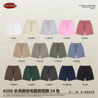ZODF Fashion Summer Men 420gsm Washed Cotton Shorts Retro Unisex High Street Terry Knee Length Short Pants Streetwears HY0845
