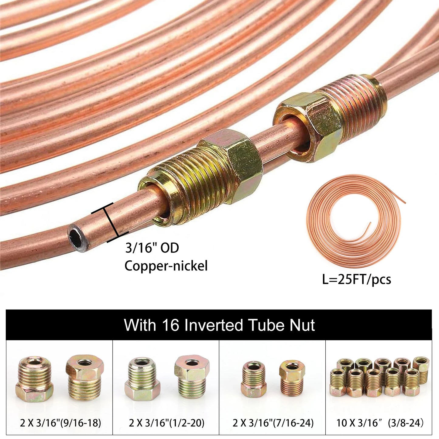 25Ft 7.62m 3/16" OD Roll Tube Coil Brake Line Pipe Tube House Repair Kit With 16PCS Tube Nuts Double Flaring Tool Tubing Cutter