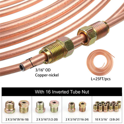 25Ft 7.62m 3/16" OD Roll Tube Coil Brake Line Pipe Tube House Repair Kit With 16PCS Tube Nuts Double Flaring Tool Tubing Cutter
