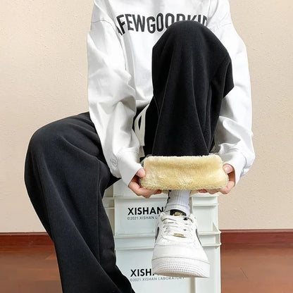 Men's Outdoor Velvet Lining Trousers Winter Jogger Sweatpants Solid Color Baggy Thickened Winter Fleece Loose Sports Warm Pants
