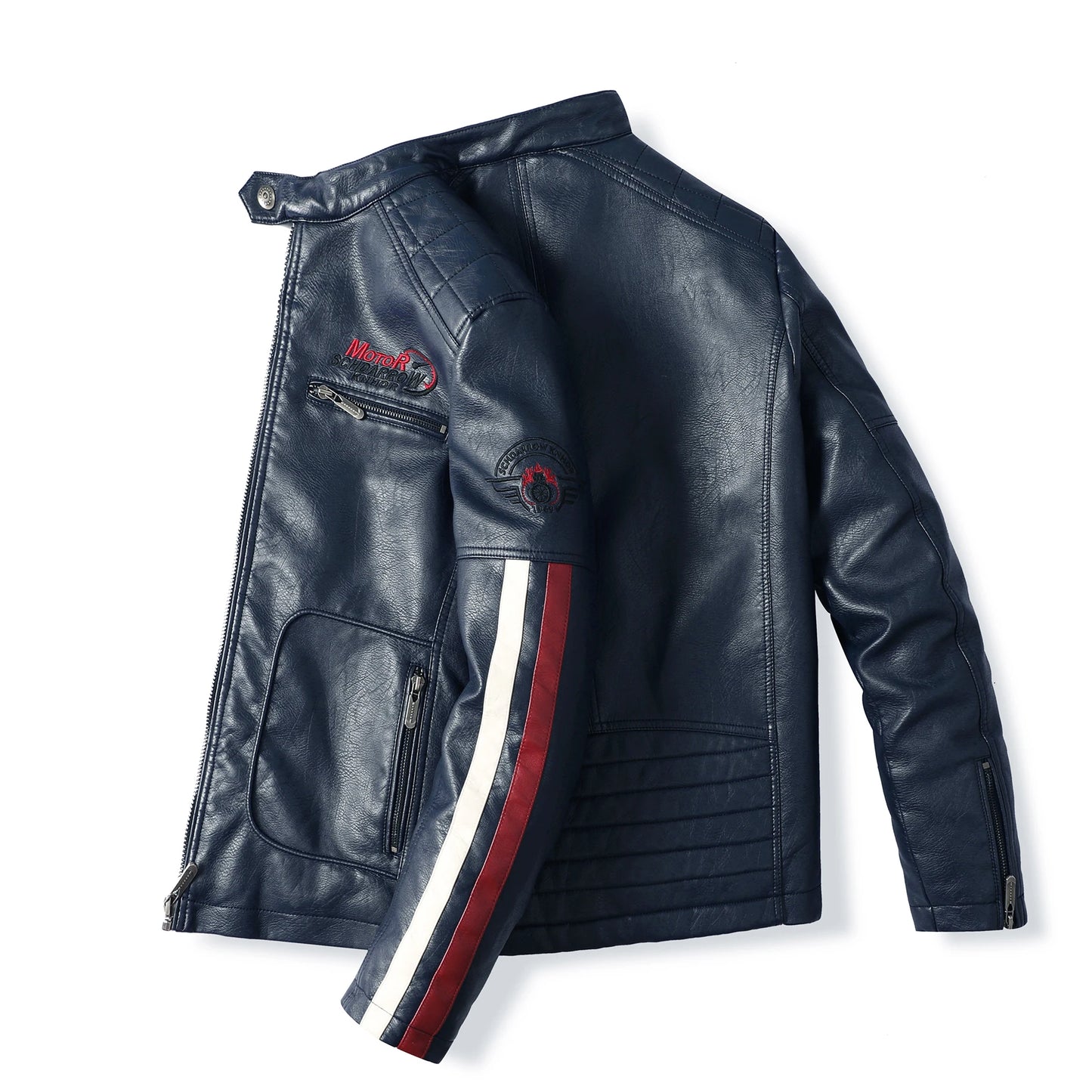 Men's PU Leather Motorcycle Racing Suit Color Embroidered Jacket with Cotton Inner for Racing