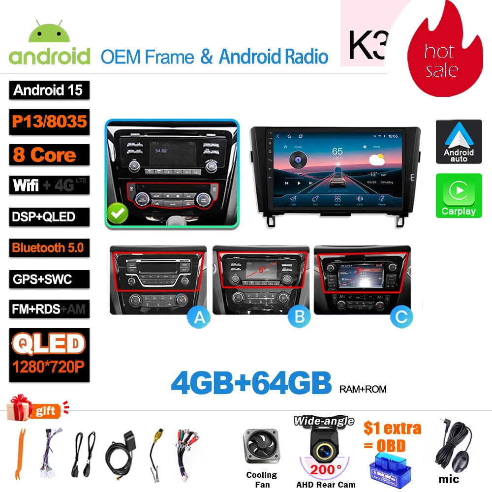 Car Radio For Nissan X-Trail Qashqai 2 J1T32 Qashqai J10 J11 2014 2015 2016 2017 2018 2019  Wireless WIFI GPS Carplay Auto DVD
