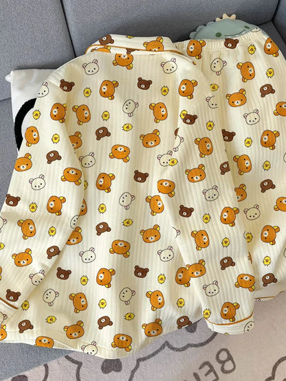 Thickened Air Cotton Sleepwear Set for Women Lazy Bear Cartoon Design Long Sleeve Long Pants Home Clothes Autumn Winter