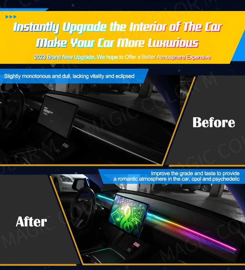 Vgetting 140/55.1inch Car Ambient Lights 2in1 Universal LED Symphony RGB Atmosphere Lamp USB APP Remote for Tesla Model 3 Y S X