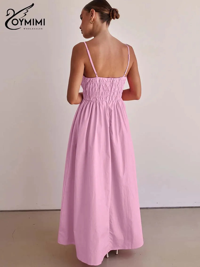 Oymimi Fashion Pink Cotton Women's Dress Elegant Spaghetti Strap Open Back Solid Dresses Casual High Waist Ankle-Length Dresses