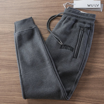 2024 Winter New American Retro Thickened Velvet Letter Printed Sweatpants Men's Simple Drawstring Sports Casual Ankle-tied Pants