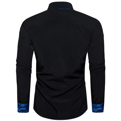 Men's Polyester Cotton Solid Black Shirts Long Sleeve Blue Paisley Patchwork Social Casual Dress Shirt Elegant Men Clothing