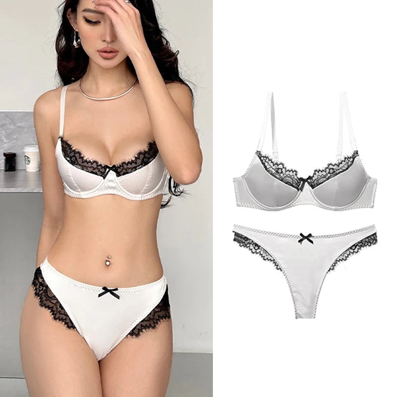 Luxury Satin Lace Lingerie Set Breathable Thin Cotton Cups Underwire Push Up Bra And Thong Sexy Women Underwear for Small Chest