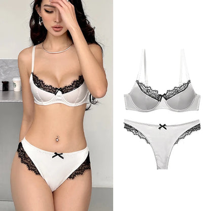 Luxury Satin Lace Lingerie Set Breathable Thin Cotton Cups Underwire Push Up Bra And Thong Sexy Women Underwear for Small Chest