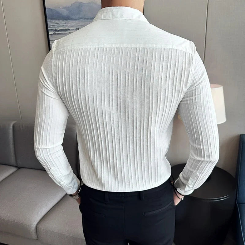 Men's Solid Color Long-Sleeved Shirt Fashionable Elegant Double-Breasted Ball Nightclub Tops Striped Lapel Shirt