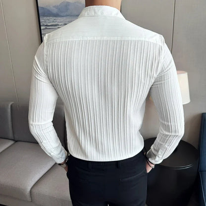 Men's Solid Color Long-Sleeved Shirt Fashionable Elegant Double-Breasted Ball Nightclub Tops Striped Lapel Shirt