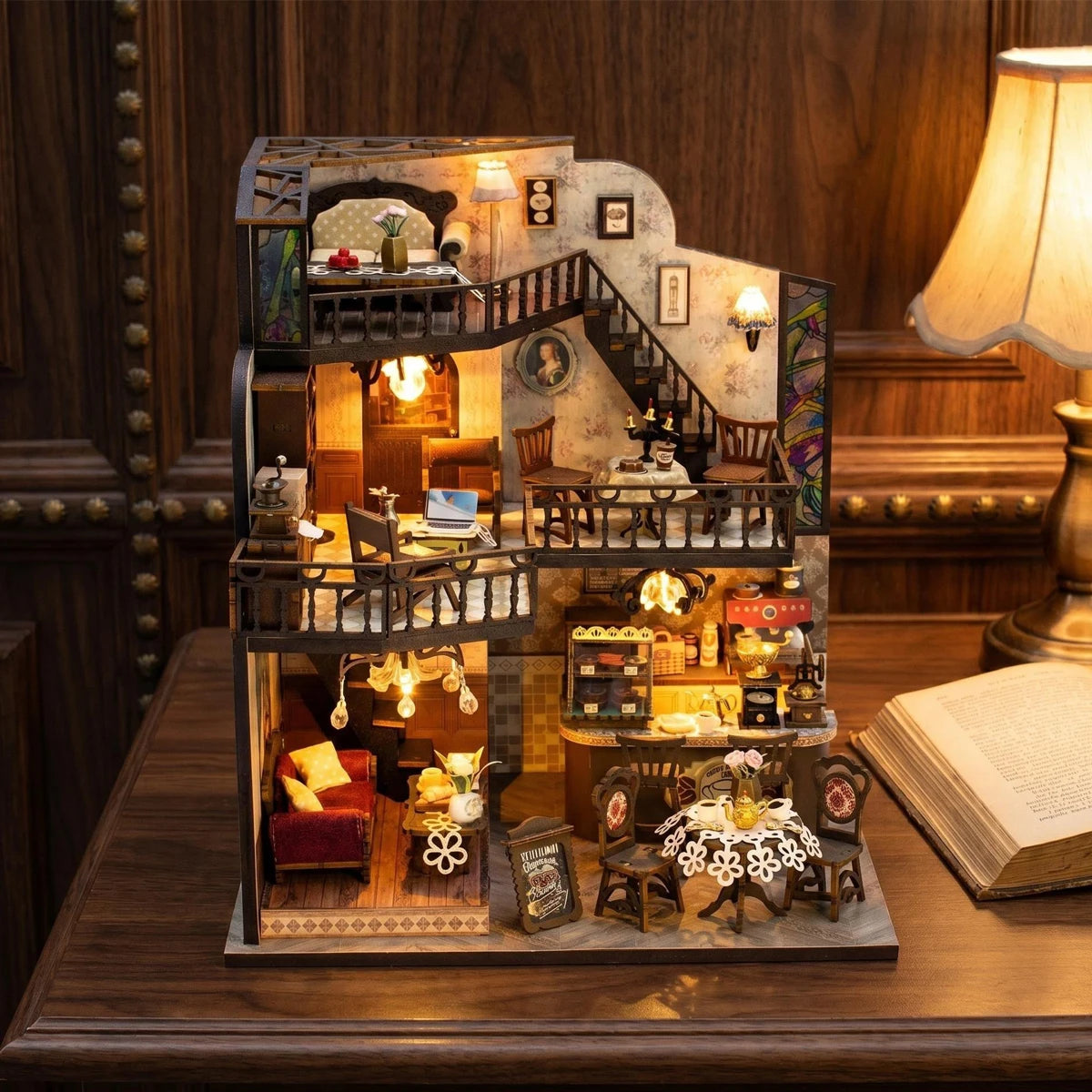 Coffee Villa Miniature Dollhouse Set 3D Puzzle Assembly Model Set DIY Handmade Toy Bookshelf, Wooden Crafts Birthday Gift