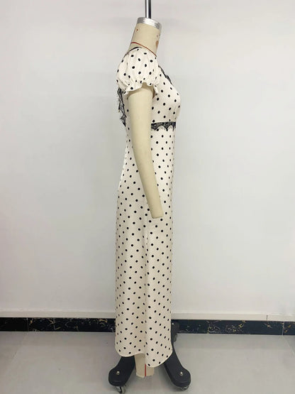 Women's Summer French Vintage Polka Dot Dress Sexy V Neck Lace Trim Short Sleeve Long Maxi Dress Vacation Beach Outfit 2026