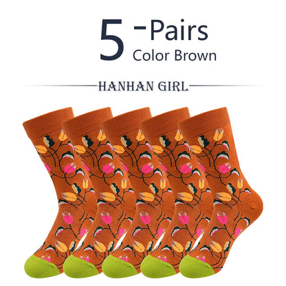 5 Pairs New Arrivals Combed Cotton Women Socks Unisex Cute Floral Styles 8 Color Happy Funny Casual Female Breathable Crew Socks