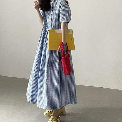 Summer New Long Sleeveless round Neck Plaid A-Line Dress Women's Sweet Style Cross-Border Fashion Cotton Linen Dress