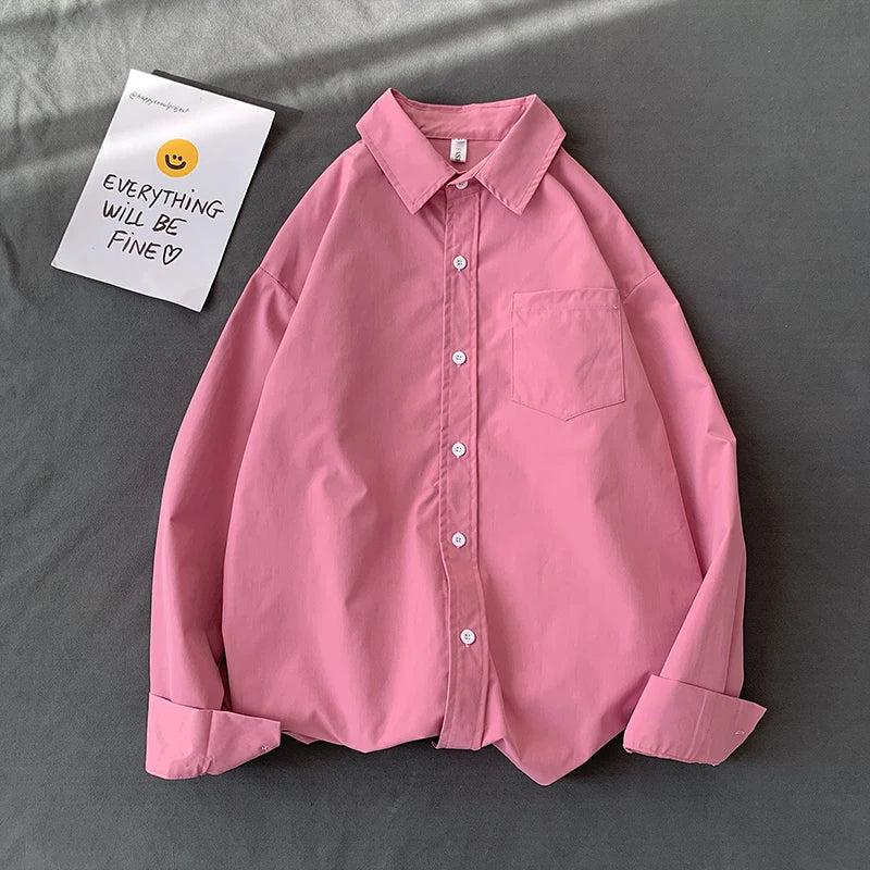 Loose Long Sleeve Pure Color Shirt Women's Basic Style Retro Korean Hong Kong Style Casual Outerwear for Couples Student Fashion