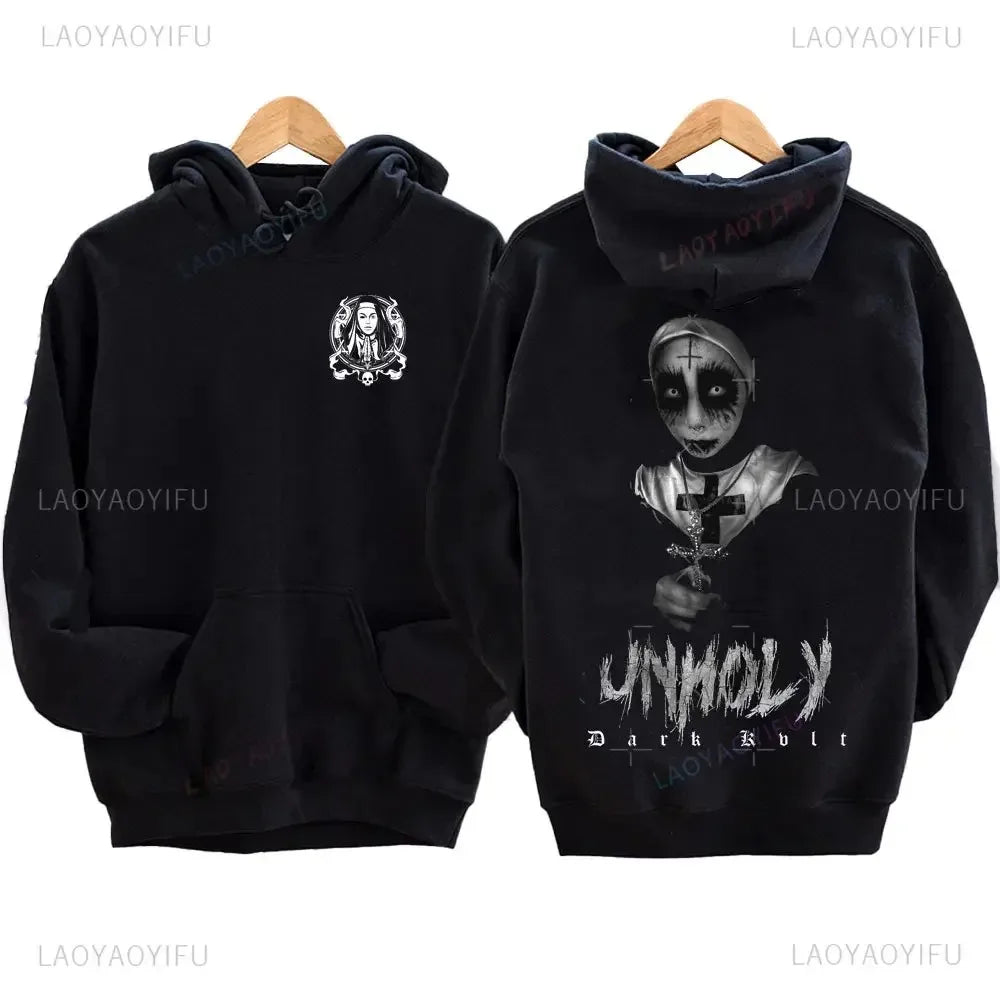 The Bad Nun Satan Street Hip-Hop Nun Print Fleece Sweater Harajuku Autumn and Winter Casual Long-sleeved  Antisocial Men Hoodie