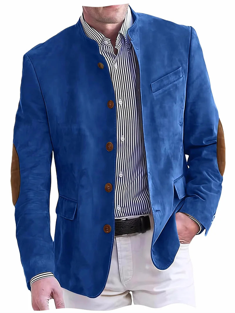 Men's Casual Blazer Flannel Suit Jacket With Elbow Patches Band Collar Brown Button Daily  Casual Slim Fit Customized Business