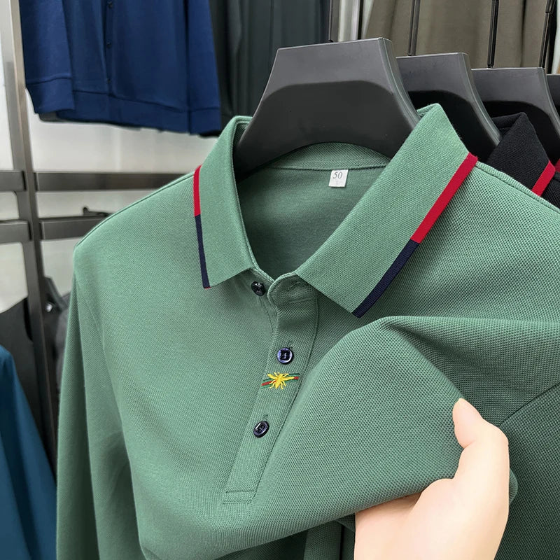 High End Brand Men's Embroidered Long Sleeve 100% Cotton Polo Shirt Business Casual Lapel Fashion Solid Color T-shirt Men's Wear