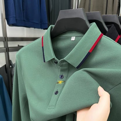 High End Brand Men's Embroidered Long Sleeve 100% Cotton Polo Shirt Business Casual Lapel Fashion Solid Color T-shirt Men's Wear