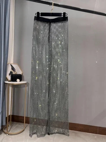 Black Trousers Y2k Pants Club Party Women's Sexy Cutout AB Color Diamond Sparkling Mesh Leggings Slim Fit Diamond Trousers
