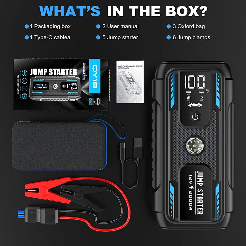 12V 2000A High-capacity portable Car Jump Starter,Multifunctional car booster with lighting charging capabilities