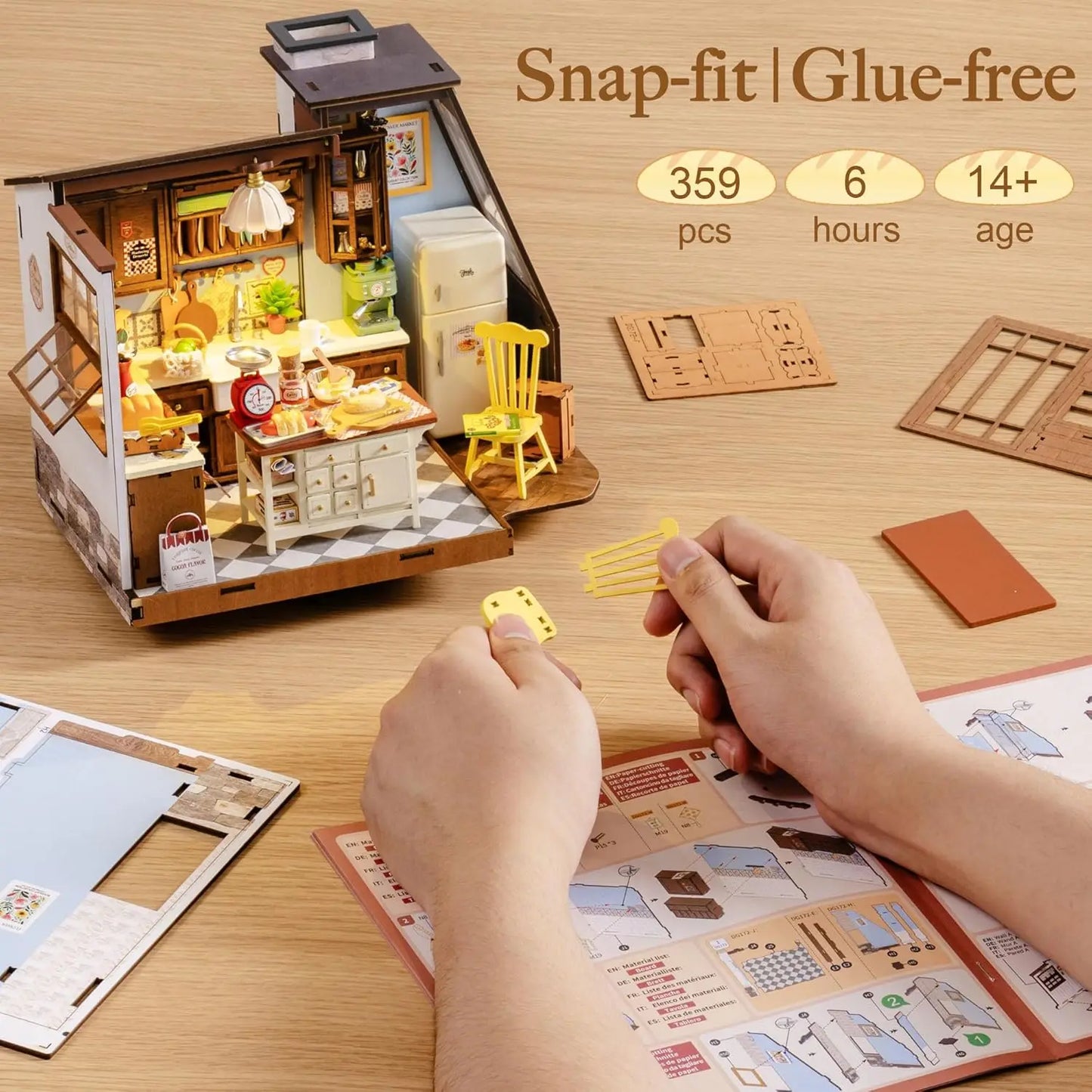 Robotime Baking Kitchen DIY Miniature Dollhouse Kit Crafts Hobbies Amazing Gift 3D Puzzle Mini House Building Kit Book Nook