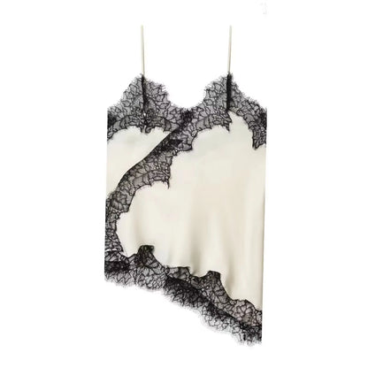 HH Women Elegant Polka Dot Lace Slip Tops Asymmetrical Hem Tanks Camis Summer Lady Sexy Lace Splicing Club Party Tops Camisole