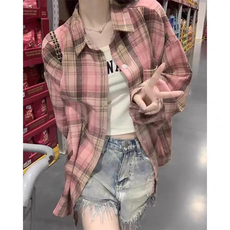 Retro Loose Lazy Plaid Shirt Women Early Autumn New Korean Version Casual Simple Long Sleeve Outer Commute Small Shirt