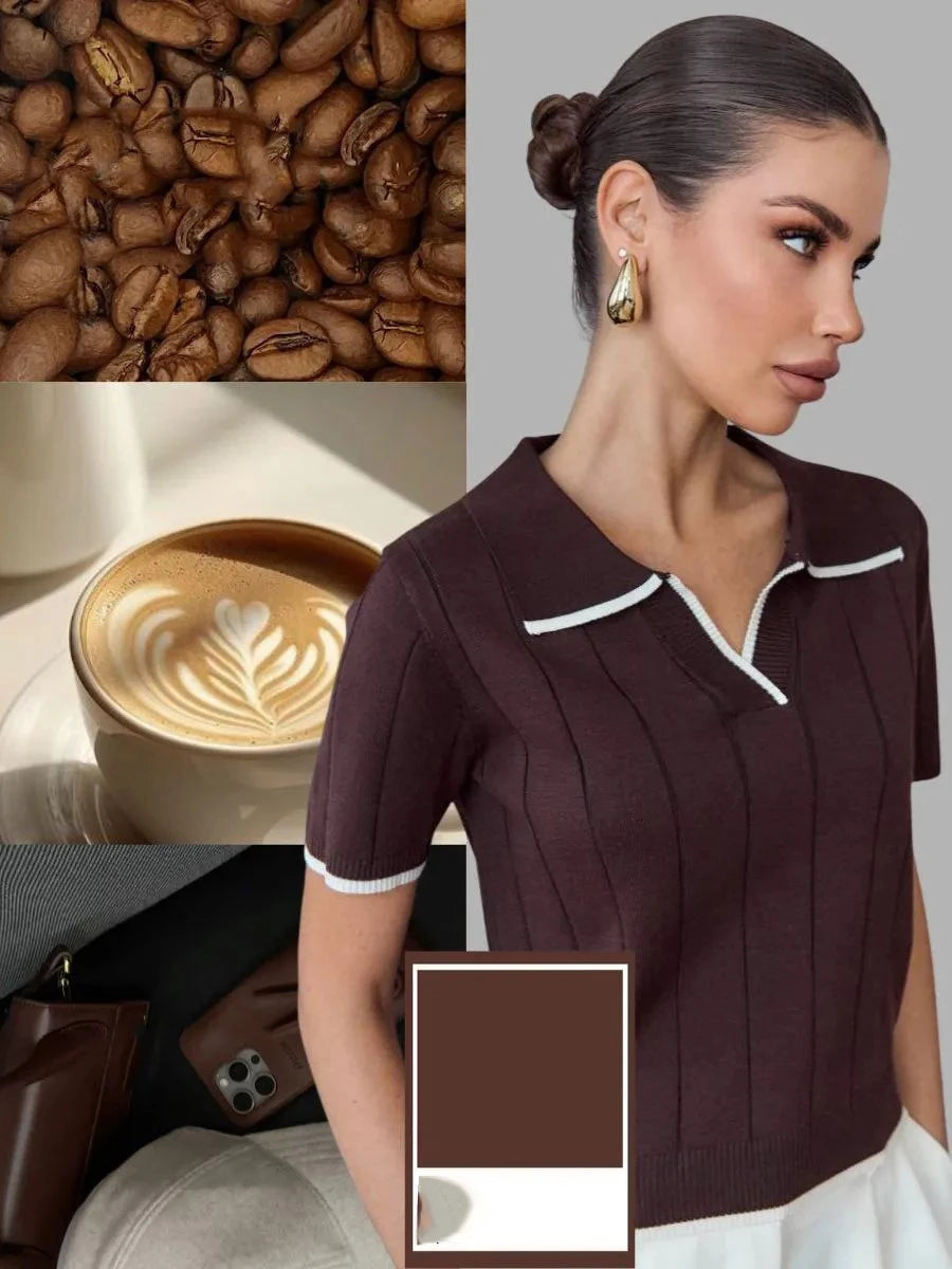 Brown Contrast White Trim Knit Polo Top for Women Short Sleeve V Neck Slim Fit Casual Knitwear