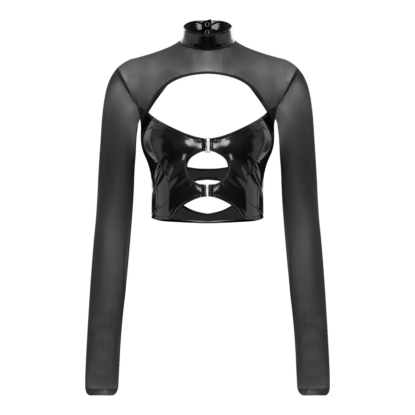Womens Sheer Mesh Leather Patchwork Crop Top Long Sleeve Hollow Out Slim Fit Glossy Blouse Tops for Halloween Party Raves Dance